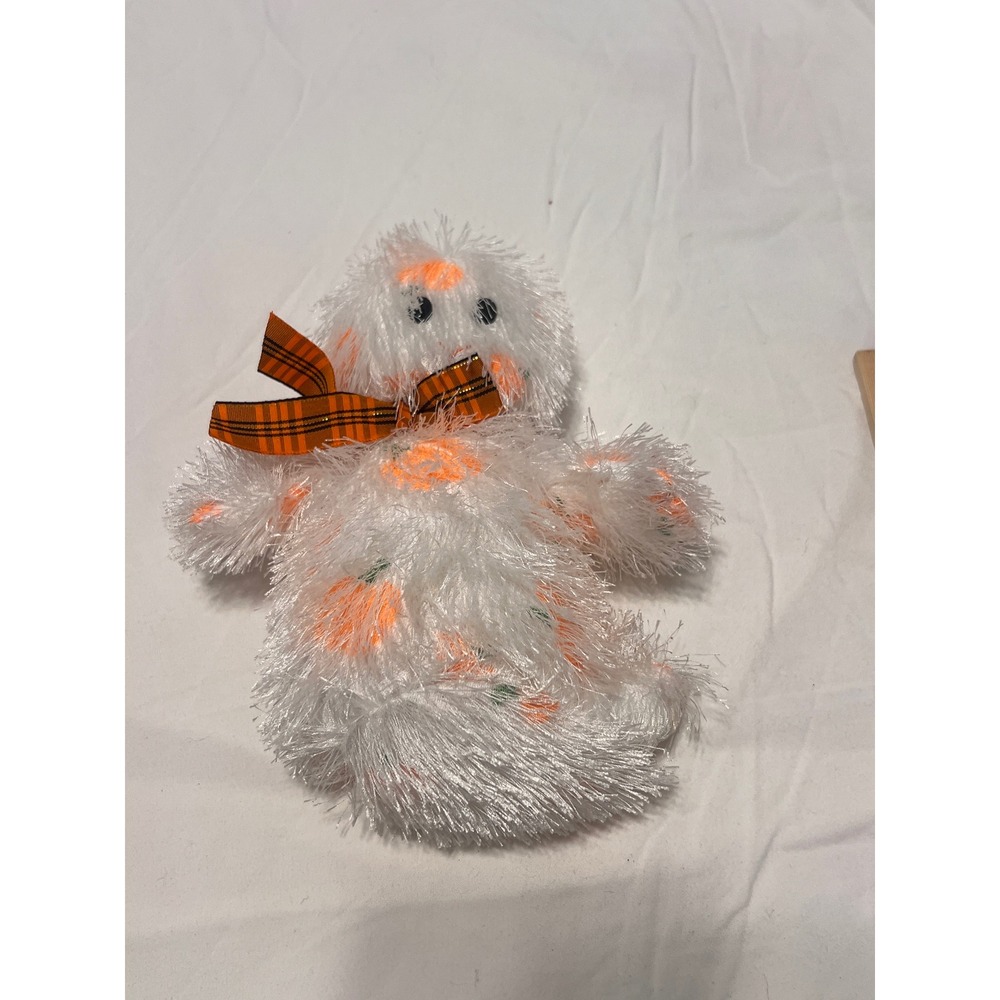 Ty Punkies Ghost Plush White Shaggy Pumpkin Print Halloween 2005 Plaid Bow 7"